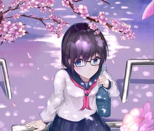 Превью обои девушка, школьница, очки, форма, сакура, цветы, аниме