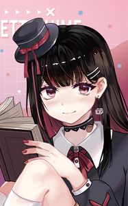 Превью обои девушка, шляпа, книга, чтение, аниме, арт