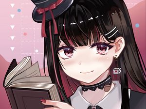 Превью обои девушка, шляпа, книга, чтение, аниме, арт