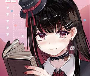 Превью обои девушка, шляпа, книга, чтение, аниме, арт