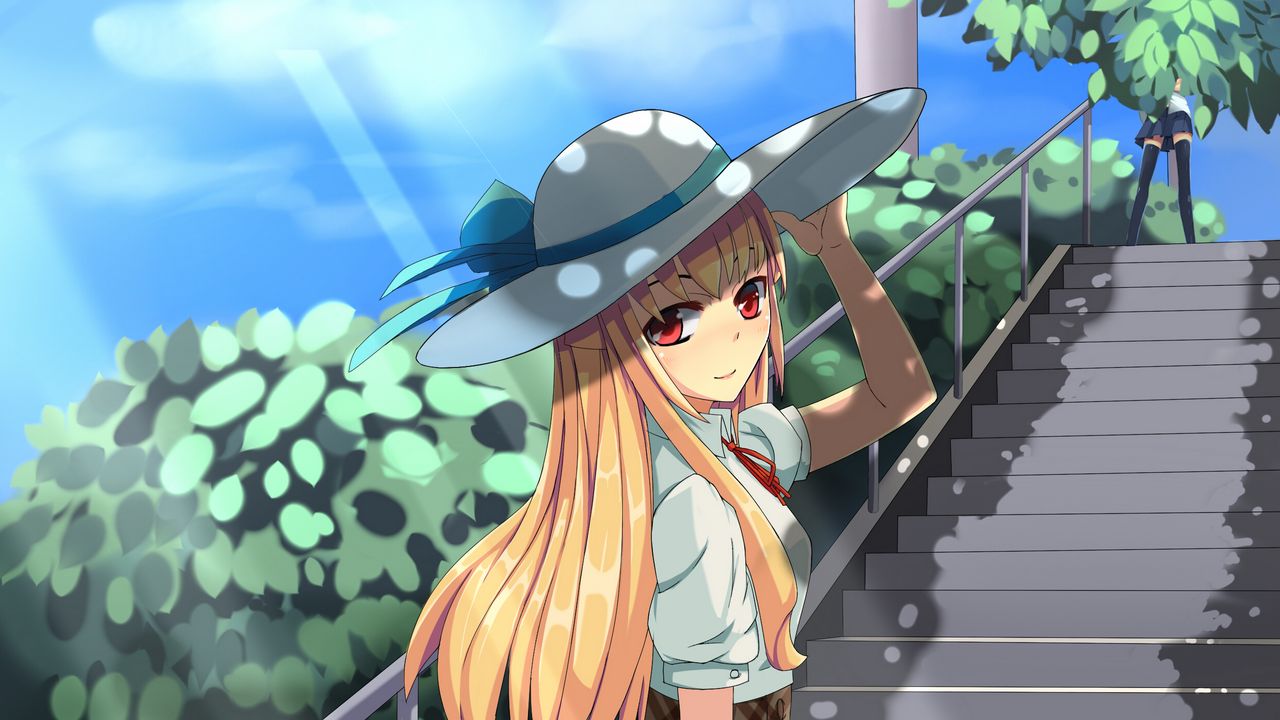 Обои девушка, шляпа, лестница, аниме
