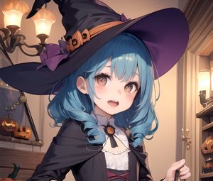 Превью обои девушка, шляпа, магия, тыква, хэллоуин, аниме