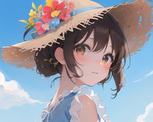 Превью обои девушка, шляпа, небо, аниме, взгляд
