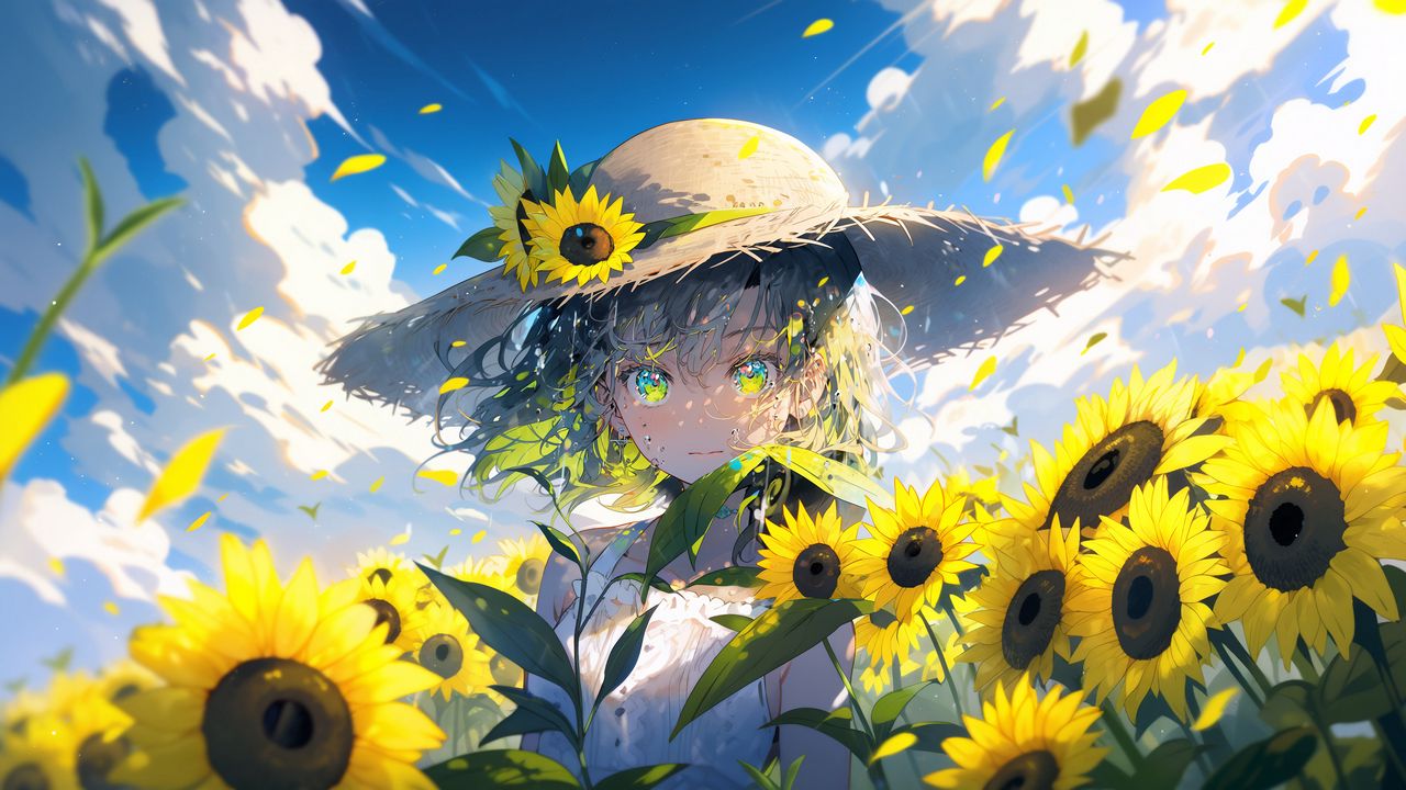 Обои девушка, шляпа, подсолнухи, цветы, лепестки, аниме