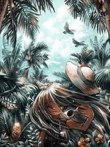 Превью обои девушка, шляпа, тропики, аниме, арт