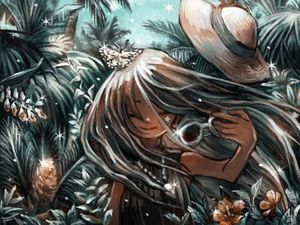 Превью обои девушка, шляпа, тропики, аниме, арт