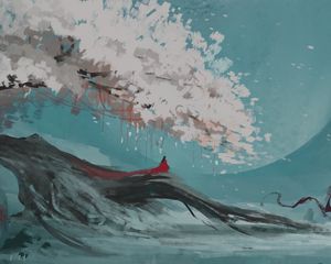 Превью обои девушка, силуэт, дерево, арт