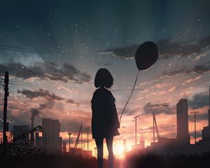 Превью обои девушка, силуэт, воздушный шар, звездное небо, закат