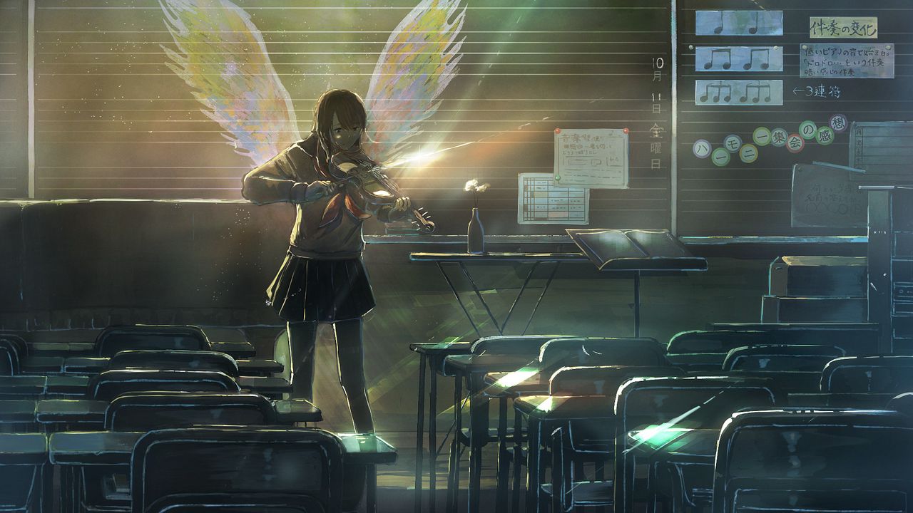 Обои девушка, скрипка, ангел, крылья, аниме, арт