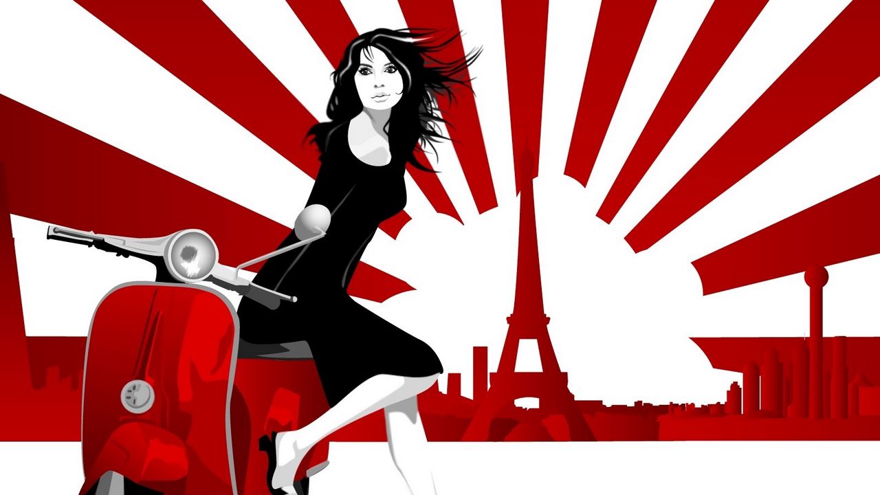 Обои девушка, скутер, париж, эйфелева башня, прогулка, линии