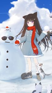 Превью обои девушка, снеговик, коты, снег, зима, аниме