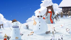 Превью обои девушка, снеговик, коты, снег, зима, аниме