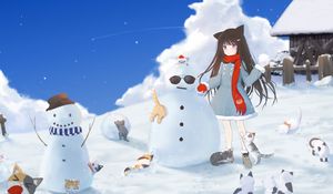 Превью обои девушка, снеговик, коты, снег, зима, аниме