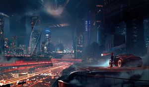 Превью обои девушка, спорткар, дым, здания
