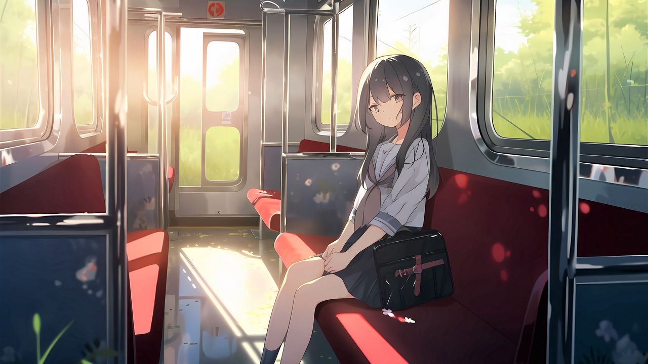 Обои девушка, сумка, автобус, аниме