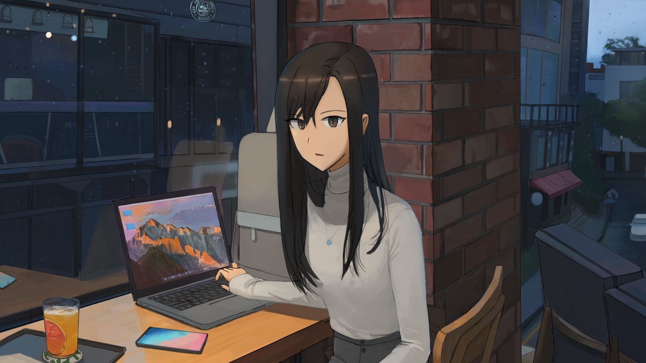 Обои девушка, свитер, ноутбук, работа, аниме