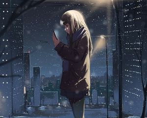 Превью обои девушка, телефон, снег, зима, аниме