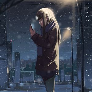 Превью обои девушка, телефон, снег, зима, аниме
