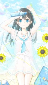 Превью обои девушка, тетради, цветы, аниме, арт