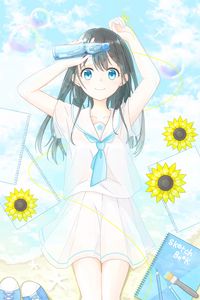 Превью обои девушка, тетради, цветы, аниме, арт