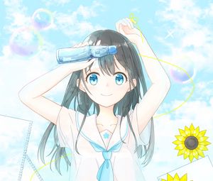 Превью обои девушка, тетради, цветы, аниме, арт