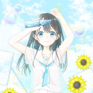 Превью обои девушка, тетради, цветы, аниме, арт