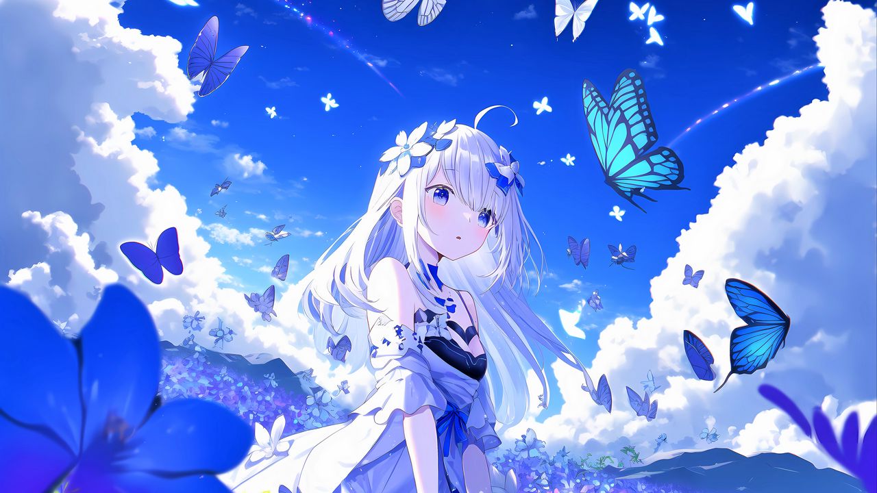 Обои девушка, цветы, аниме, бабочки, синий