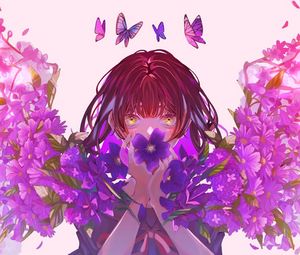 Превью обои девушка, цветы, бабочки, аниме