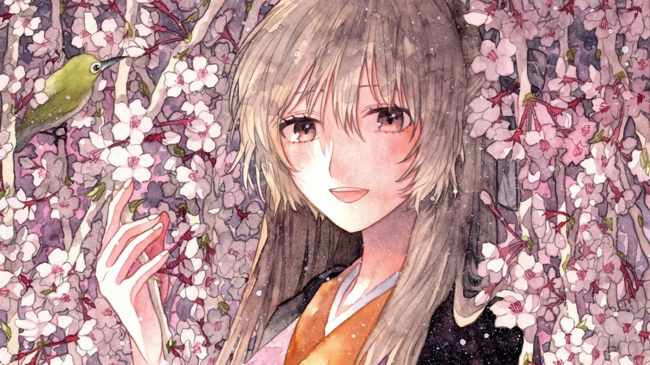 Обои девушка, цветы, кимоно, аниме, арт