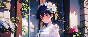 Превью обои девушка, цветы, книга, аниме, платье