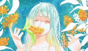 Превью обои девушка, цветы, листья, акварель, аниме