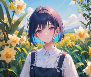 Превью обои девушка, цветы, поле, аниме