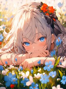 Превью обои девушка, цветы, улыбка, аниме