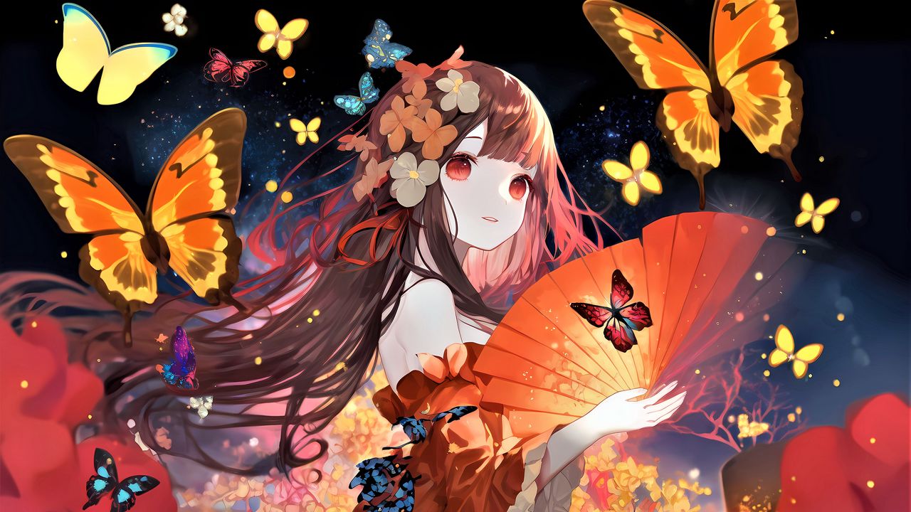 Обои девушка, цветы, веер, бабочки, аниме