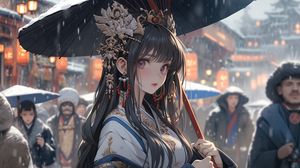 Превью обои девушка, украшения, зонт, кимоно, аниме, снег