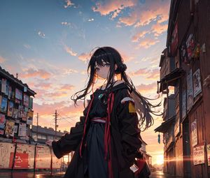 Превью обои девушка, улица, облака, рассвет, аниме