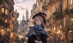 Превью обои девушка, улица, здания, арт, аниме