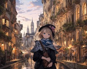 Превью обои девушка, улица, здания, арт, аниме