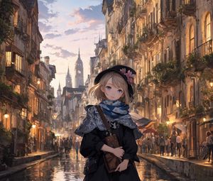 Превью обои девушка, улица, здания, арт, аниме