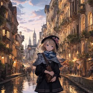 Превью обои девушка, улица, здания, арт, аниме