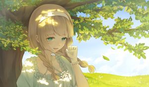 Превью обои девушка, улыбка, дерево, книга, аниме