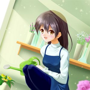 Превью обои девушка, улыбка, флорист, аниме, арт