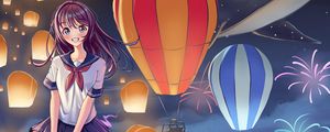 Превью обои девушка, улыбка, фонарики, небо, аниме