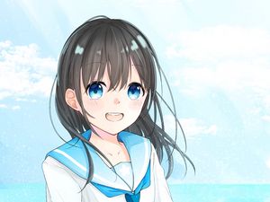 Превью обои девушка, улыбка, форма, аниме, арт, синий