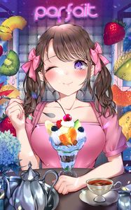Превью обои девушка, улыбка, фрукты, десерт, аниме