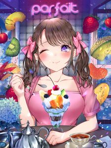 Превью обои девушка, улыбка, фрукты, десерт, аниме