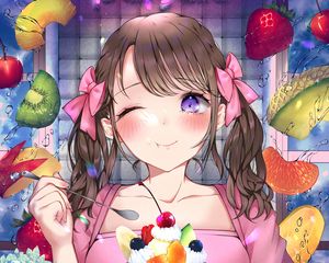 Превью обои девушка, улыбка, фрукты, десерт, аниме