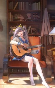 Превью обои девушка, улыбка, гитара, музыкант, аниме, арт