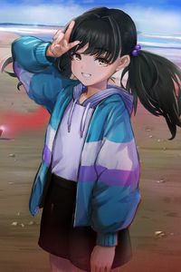 Превью обои девушка, улыбка, хвостики, жест, аниме