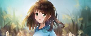Превью обои девушка, улыбка, камыши, поле, аниме
